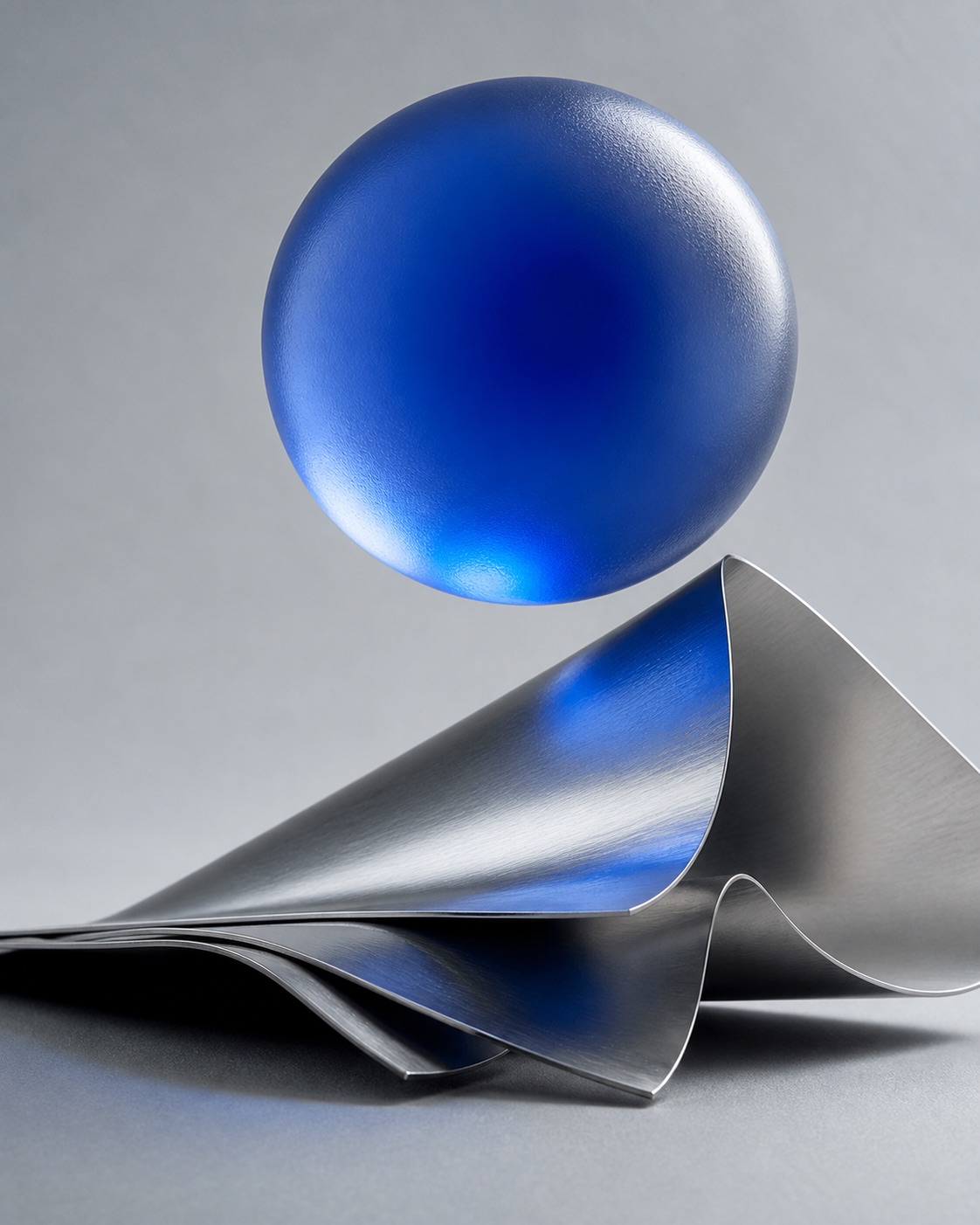 Floating chrome sphere above precisely folded silver material