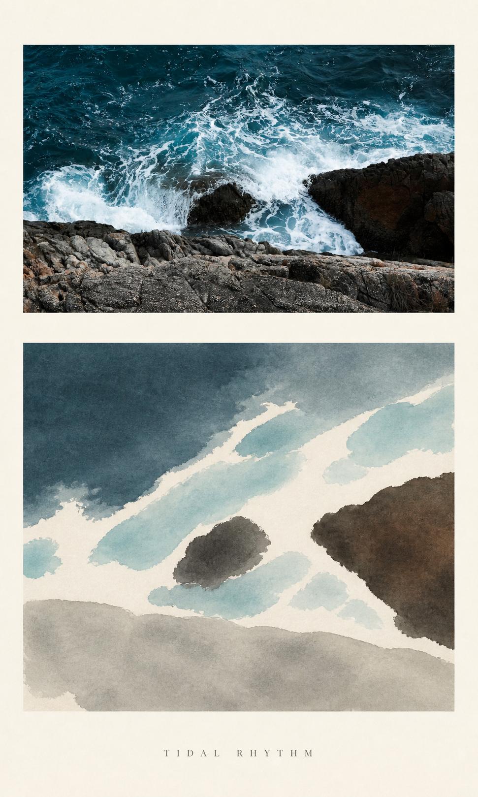 Ocean rocks photograph paired with a reduced blue and black ink painting