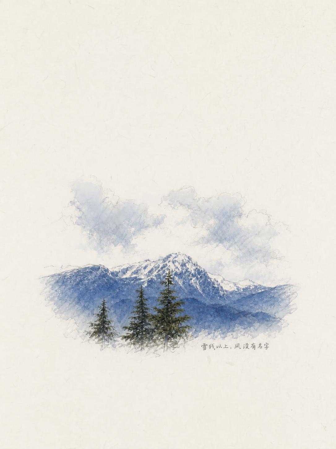 Sparse blue mountain illustration with pine trees and handwritten Chinese text