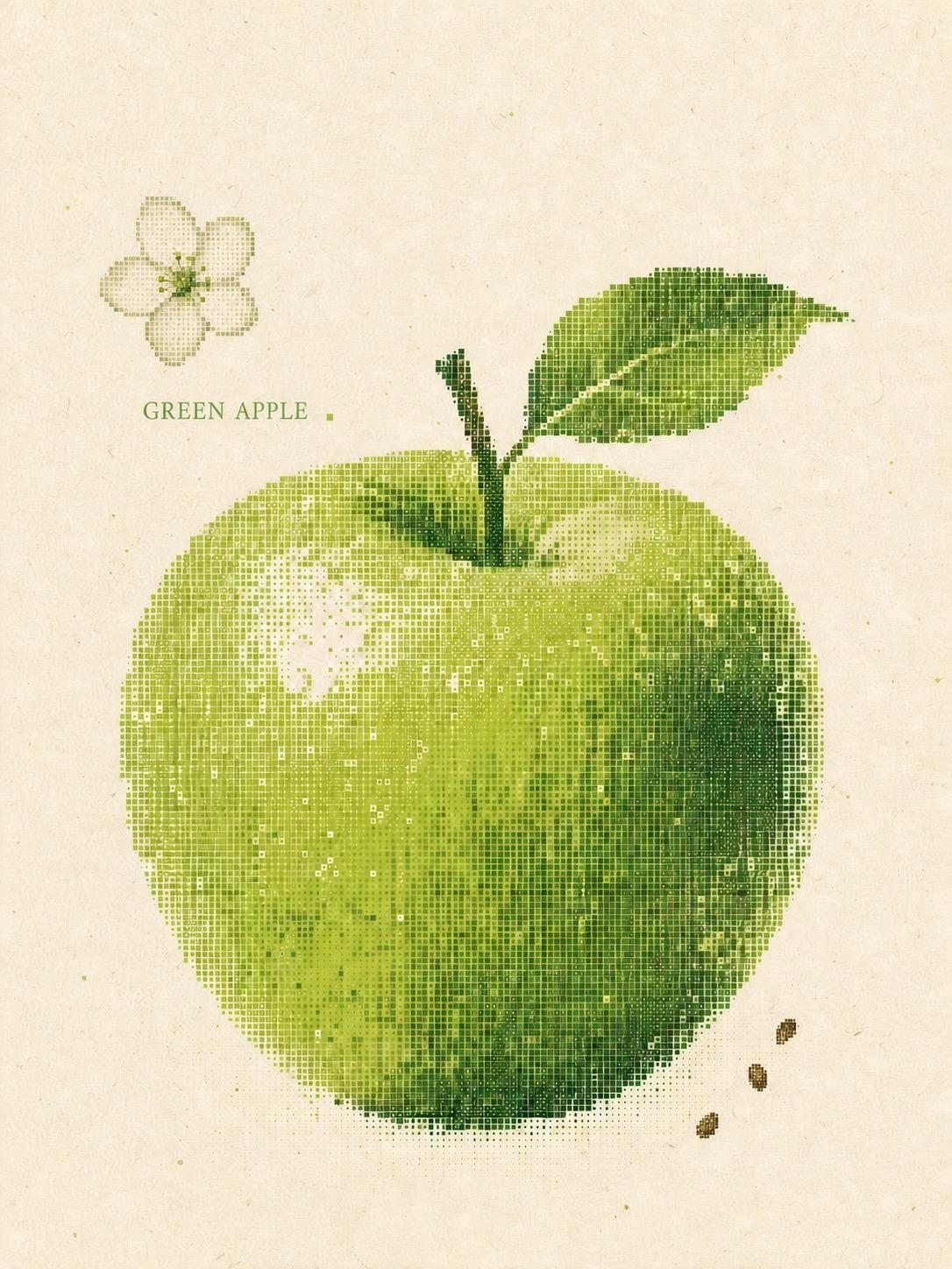 Green apple poster rendered from a dense grid of tiny square pixels