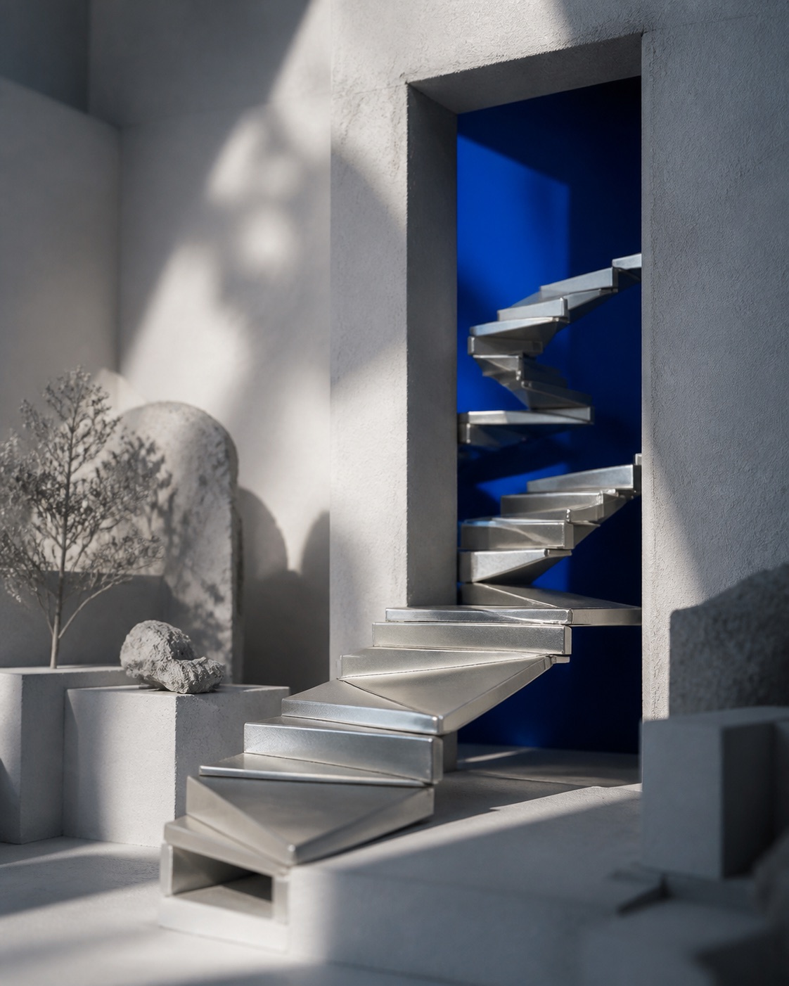 Silver stairs entering a saturated red architectural doorway